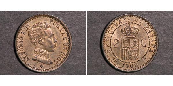 2 Сентимо Королевство Испания (1874 - 1931) Медь Alfonso XIII of Spain (1886 - 1941)