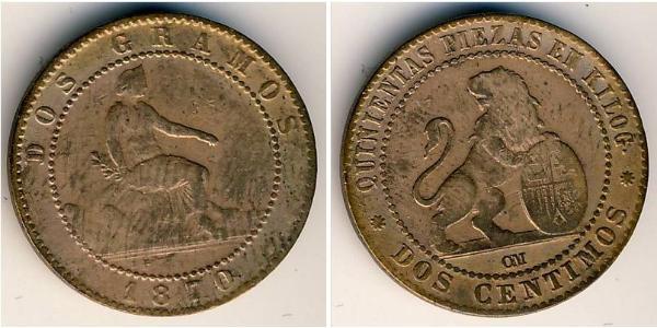 2 Сентімо Королівство Іспанія (1814 - 1873) Мідь 