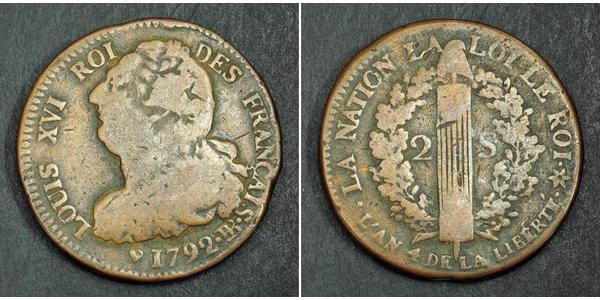 2 Соль Королевство Франция (843-1791) Бронза Людовик XVI (1754 - 1793)