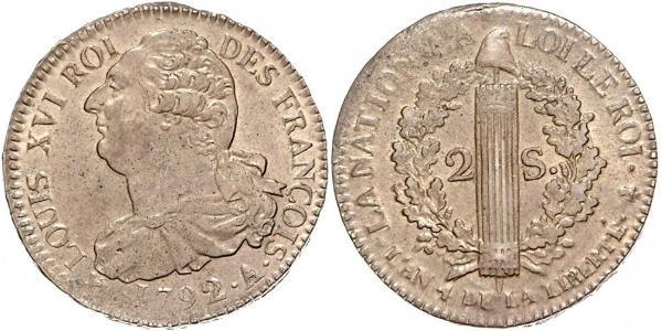 2 Соль Королевство Франция (843-1791) Бронза Людовик XVI (1754 - 1793)