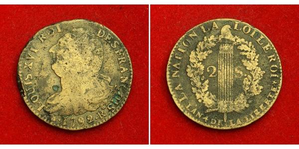 2 Соль Франкське королівство (843-1791) Бронза Людовик XVI (1754 - 1793)