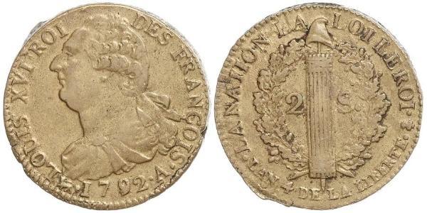 2 Соль Франкське королівство (843-1791) Бронза Людовик XVI (1754 - 1793)