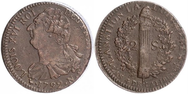 2 Соль Франкське королівство (843-1791) Бронза Людовик XVI (1754 - 1793)