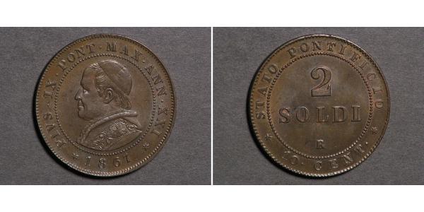 2 Сольдо Ватікан (1926-) Мідь Пій IX (1792- 1878)