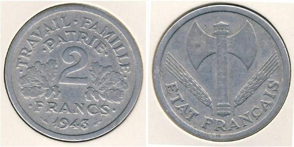 2 Франк Французское государство режима Виши (1940-1944) Алюминий 
