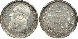 2 Франк Бельгия Серебро Леопольд II (1835 - 1909)