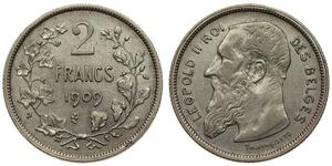 2 Франк Бельгия Серебро Леопольд II (1835 - 1909)