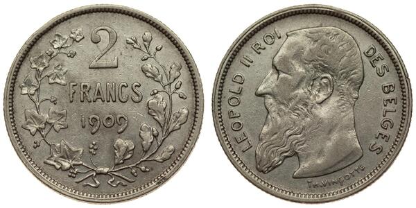 2 Франк Бельгия Серебро Леопольд II (1835 - 1909)