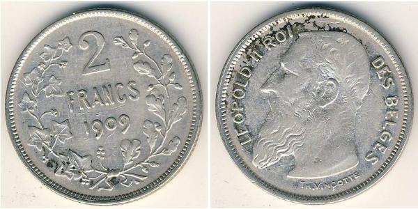 2 Франк Бельгия Серебро Леопольд II (1835 - 1909)