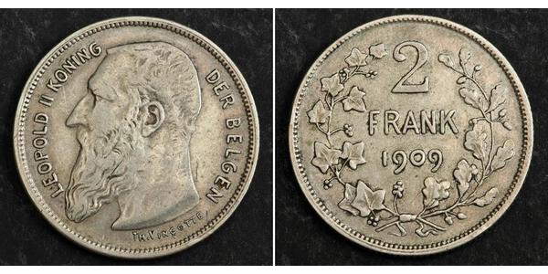 2 Франк Бельгия Серебро Леопольд II (1835 - 1909)