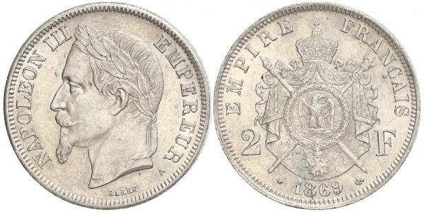 2 Франк Вторая французская империя (1852-1870) Серебро Наполеон III Бонапарт (1808-1873)