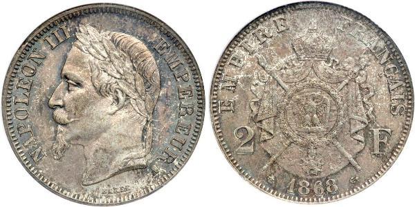 2 Франк Вторая французская империя (1852-1870) Серебро Наполеон III Бонапарт (1808-1873)