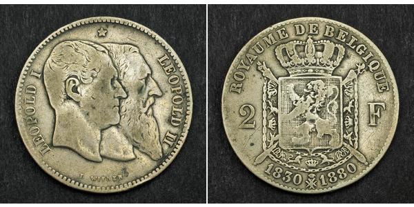 2 Франк Бельгія Срібло Леопольд II (1835 - 1909)
