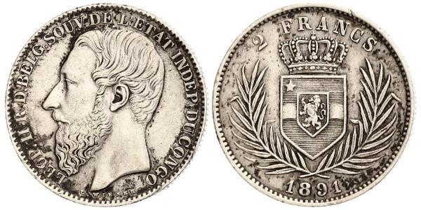 2 Франк Вільна держава Конго (1885 - 1908) Срібло Леопольд II (1835 - 1909)