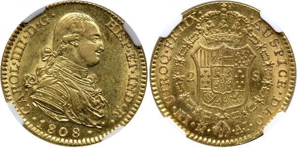 2 Эскудо Испанская империя (1700 - 1808) Золото Карл IV король Испании (1748-1819)