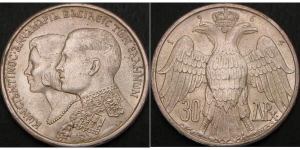 30 Драхма Королівство Греція (1944-1973) Срібло Костянтин II (король Греції) (1940 - )