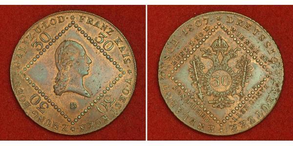 30 Крейцер Австрійська імперія (1804-1867) Мідь Francis II, Holy Roman Emperor (1768 - 1835)