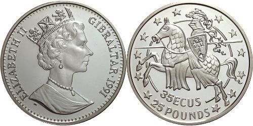 35 Ecu / 25 Pound Gibraltar Argent Elizabeth II (1926-2022)