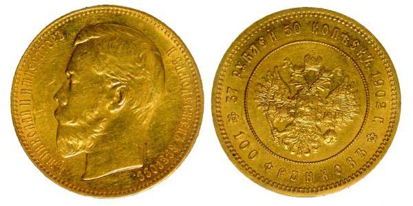 37.5 Rubel / 100 Franc Russisches Reich (1720-1917) Gold Nikolaus II (1868-1918)