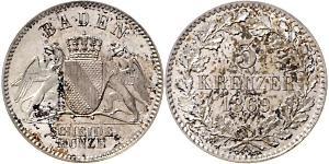 3 Kreuzer Grand Duchy of Baden (1806-1918) Silber Friedrich I. (Baden, Großherzog) (1826 - 1907)