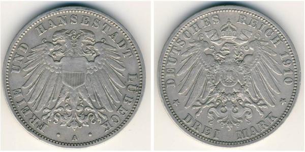 3 Mark Free City of Lübeck Argent 