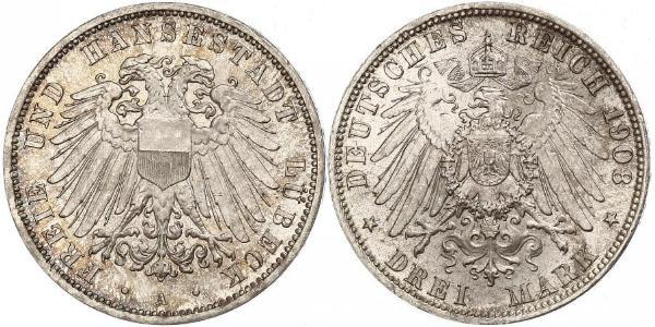 3 Mark Free City of Lübeck Argent 