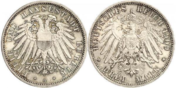 3 Mark Free City of Lübeck Argent 