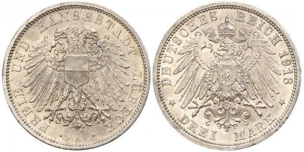 3 Mark Free City of Lübeck Argent 
