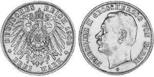 3 Mark Grand-duché de Bade (1806-1918) Argent Frédéric II de Bade (1857-1928) (1857 - 1928)