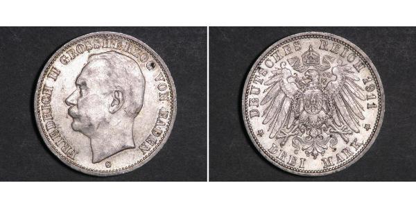3 Mark Grand-duché de Bade (1806-1918) Argent Frédéric II de Bade (1857-1928) (1857 - 1928)