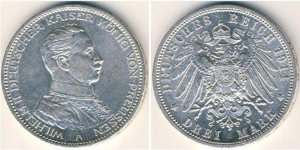 3 Mark Royaume de Prusse (1701-1918) Argent Wilhelm II, German Emperor (1859-1941)