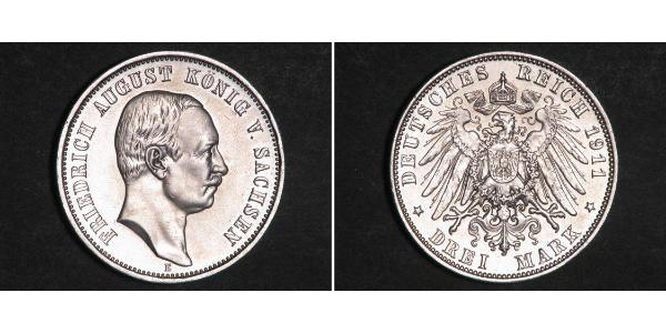 3 Mark Royaume de Saxe (1806 - 1918) Argent Frédéric-Auguste III de Saxe (1865-1932)