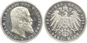 3 Mark Royaume de Wurtemberg (1806-1918) Argent Wilhelm II, German Emperor (1859-1941)