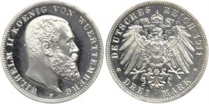 3 Mark Royaume de Wurtemberg (1806-1918) Argent Wilhelm II, German Emperor (1859-1941)