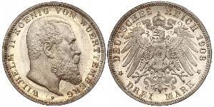 3 Mark Royaume de Wurtemberg (1806-1918) Argent Wilhelm II, German Emperor (1859-1941)