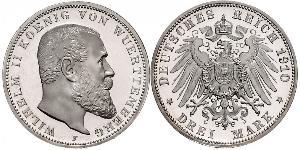 3 Mark Royaume de Wurtemberg (1806-1918) Argent Wilhelm II, German Emperor (1859-1941)