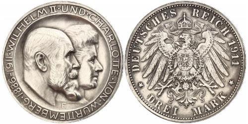 3 Mark Royaume de Wurtemberg (1806-1918) Argent Wilhelm II, German Emperor (1859-1941)