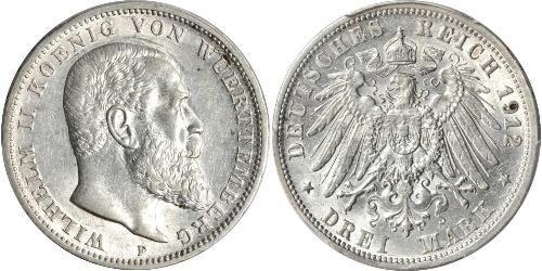 3 Mark Royaume de Wurtemberg (1806-1918) Argent Wilhelm II, German Emperor (1859-1941)