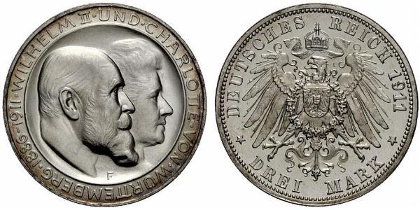 3 Mark Royaume de Wurtemberg (1806-1918) Argent Wilhelm II, German Emperor (1859-1941)