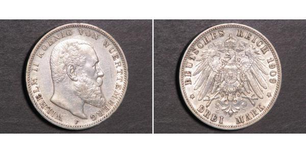 3 Mark Royaume de Wurtemberg (1806-1918) Argent Wilhelm II, German Emperor (1859-1941)
