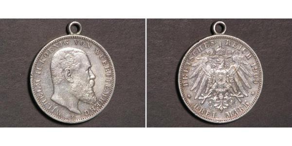 3 Mark Royaume de Wurtemberg (1806-1918) Argent Wilhelm II, German Emperor (1859-1941)