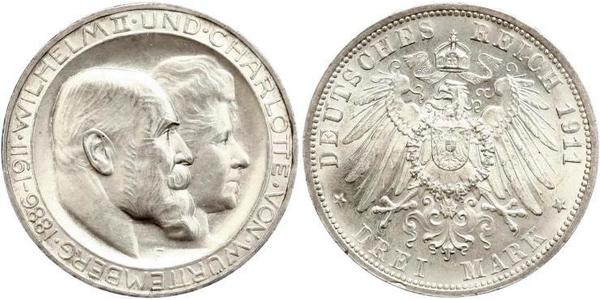 3 Mark Royaume de Wurtemberg (1806-1918) Argent Wilhelm II, German Emperor (1859-1941)