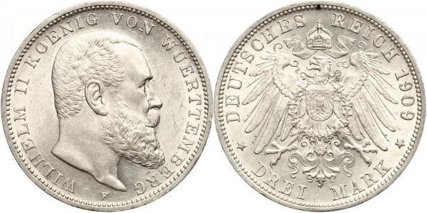 3 Mark Royaume de Wurtemberg (1806-1918) Argent Wilhelm II, German Emperor (1859-1941)