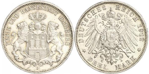 3 Mark States of Germany / Hambourg Argent 