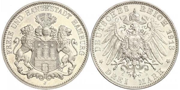 3 Mark States of Germany / Hambourg Argent 