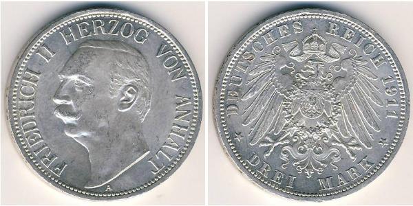 3 Mark Anhalt-Dessau (1603 -1863) Argento Federico II di Anhalt(1856 – 1918)