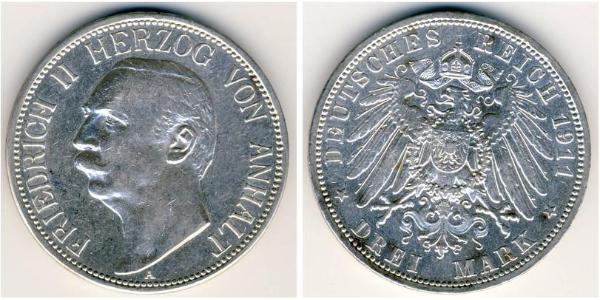 3 Mark Anhalt-Dessau (1603 -1863) Argento Federico II di Anhalt(1856 – 1918)