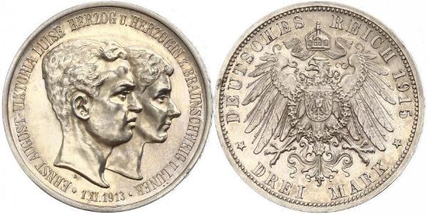 3 Mark Ducato di Brunswick (1815 - 1918) Argento Ernesto Augusto III di Brunswick (1887 - 1953)