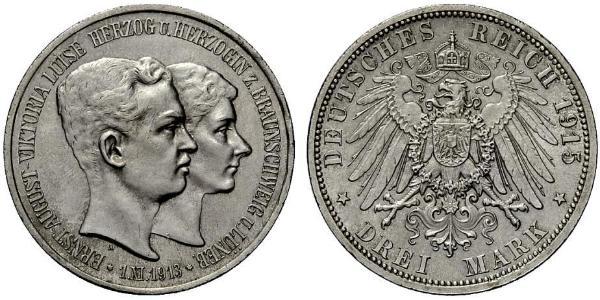 3 Mark Ducato di Brunswick (1815 - 1918) Argento Ernesto Augusto III di Brunswick (1887 - 1953)