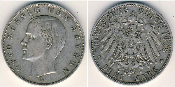 3 Mark Regno di Baviera (1806 - 1918) Argento Ottone di Baviera(1848 – 1916)